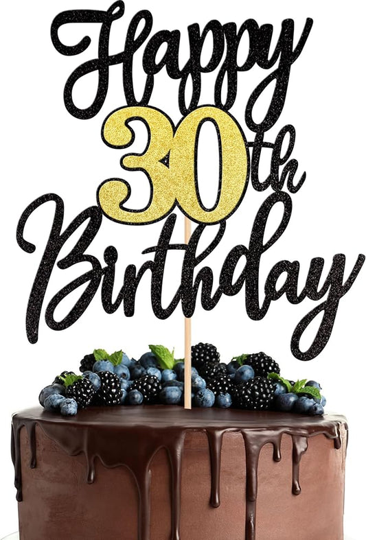 1 PCS Happy 30th Birthday Cake Topper Black Gold Glitter Cheers to 30 Years Birthday Cake Pick 30 Fabulous Cake Decoration for Happy 30th Birthday Anniversary Party Cake Decorations Supplies