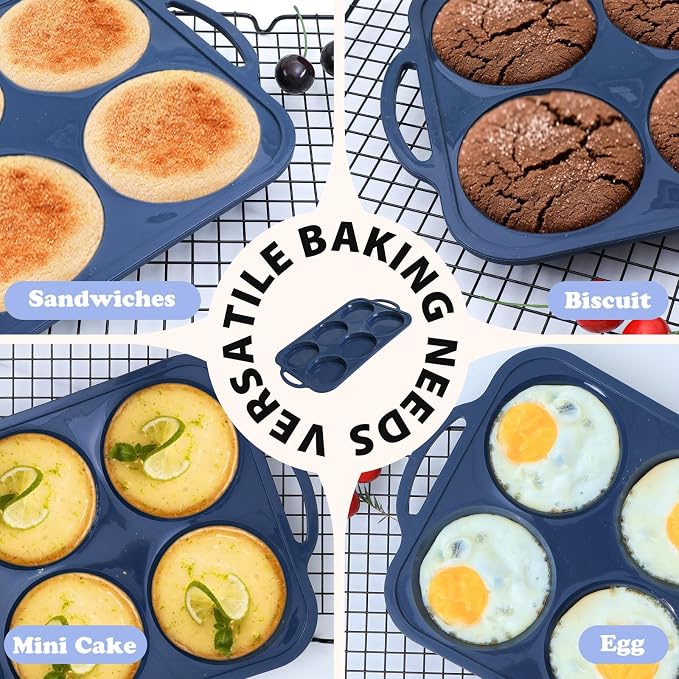 4 Inch Jumbo Silicone Muffin Top Pan with Metal Frame, Non Stick Silicone Egg Mold for Oven, Large Whoopie Pie Baking Pan with Handle for English Breakfast Sandwich, Egg Bite, Bun Tart, Grey