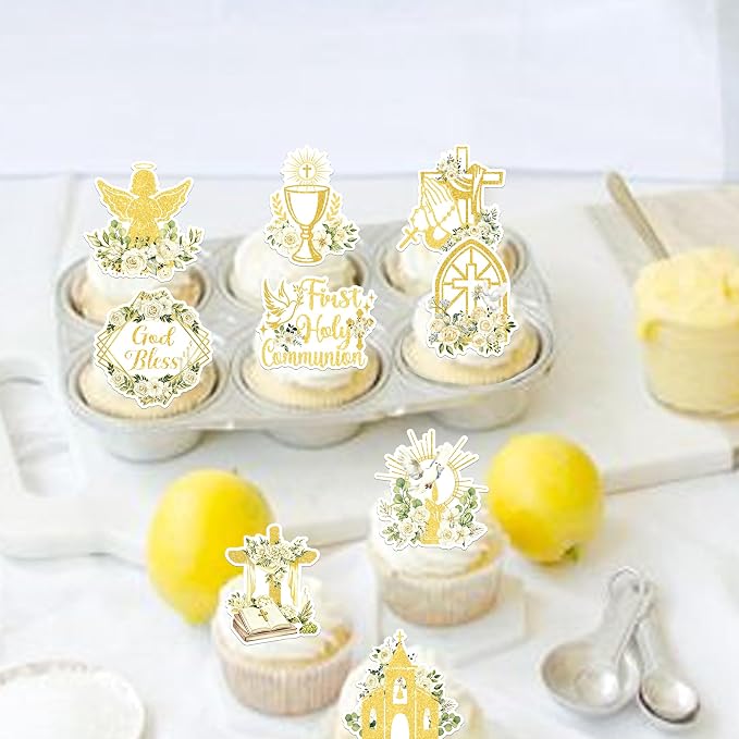 60 PCS Edible God Bless Cupcake Toppers Dove Cross Baptism Cupcake Picks Edible Church Floral First Communion Cake Decorations for Gold Bless Baptism Theme Baby Shower Birthday Party Supplies Gold