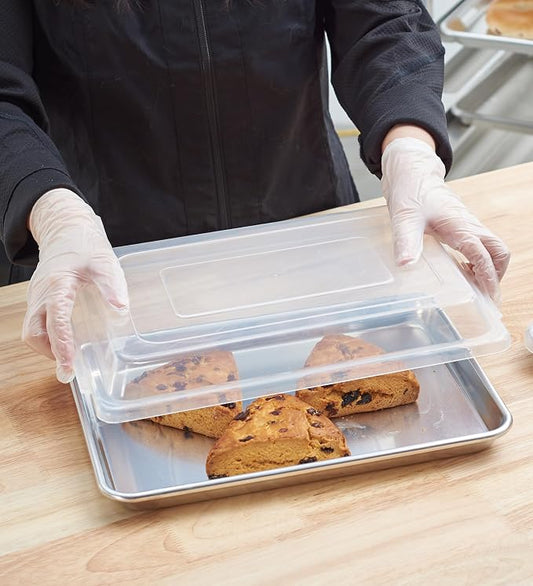 6-Pack 1/4 Size Sheet Pan with Cover Set (12 Piece Bundle), Dishwasher Safe Baking Pans & NSF Certified Polypropylene Lids, Compact Quarter Bun Pan for Meal Prep, Baking & Storage - Silver/Translucent