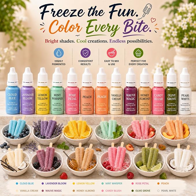 Confect Pastel Elegance Water Color Food Coloring Set – Highly Pigmented Oil Based Food Colors for Cakes, Buttercream, Drinks, Popsicles & Baking – 12 Pack × 10mL