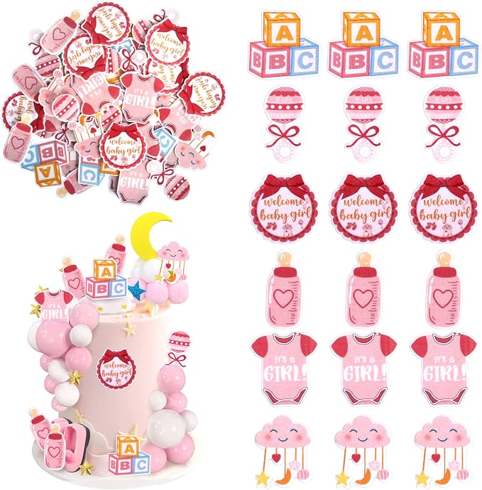 60 PCS Edible Oh Baby Cupcake Toppers Pacifier Cloud Moon Star Welcome Baby Girl Cupcake Picks Edible Baby Shower It's a Girl Cake Decorations for Baby Shower Girls Birthday Party Supplies Pink