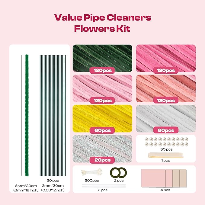 Caydo Pipe Cleaner Flower Kit, 700PCS 7 Colors Chenille Stems with Flower Bouquet Accessories and Tutorial Video for Making Pipe Cleaners Bouquets