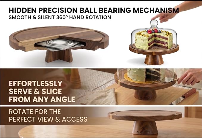 2026 Upgraded Cake Stand with Lid, 11.8 Inch Rotating Dessert Display Stand, Borosilicate Glass Dome and Wooden Base, Cake Holder Serving Platter for Kitchen, Party, Wedding
