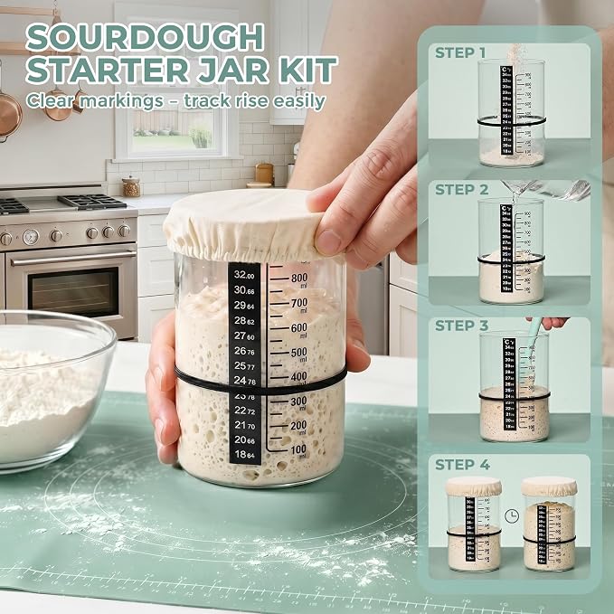 Sourdough Starter Kit – Complete Bread Baking Supplies with Round & Oval Banneton Bread Proofing Basket, Starter Jar, Bread Slings, Silicone Mat, Scrapers – Baking Tools Gift for Home Bakers