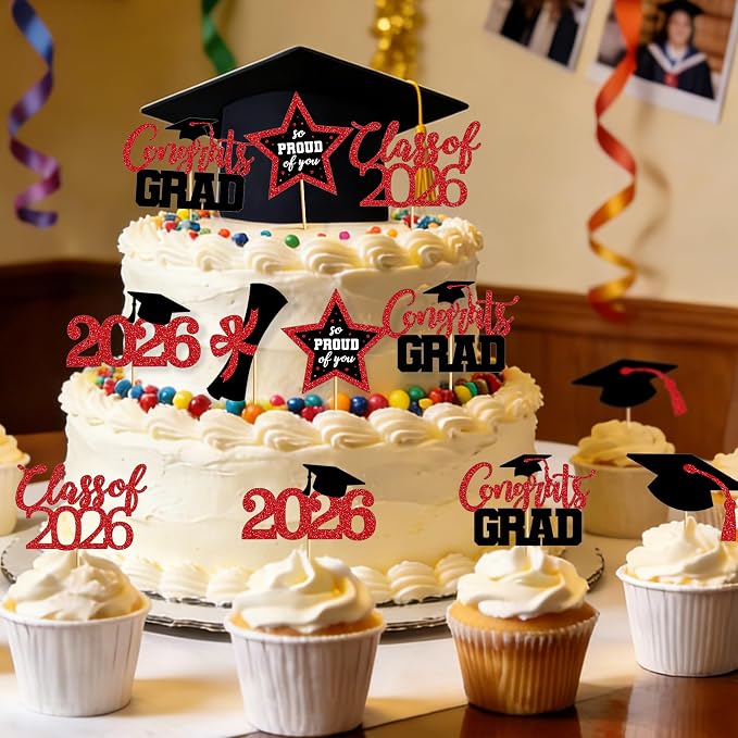 48 PCS Graduation Cupcake Toppers, Glittery 6 Styles Congrats Grad Cake Topper, Black and Red Graduation Decorations 2026, Cap and Diploma Cake Picks for Grad Party Supplies