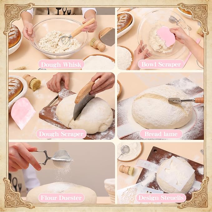 Sourdough Starter Kit, Sourdough Bread Baking Supplies with Banneton Bread Proofing Basket, Starter Jar, Sourdough Tools Kit, Bread Making Kit,Pink Baking Gifts for Women Mom Wife Love Baking