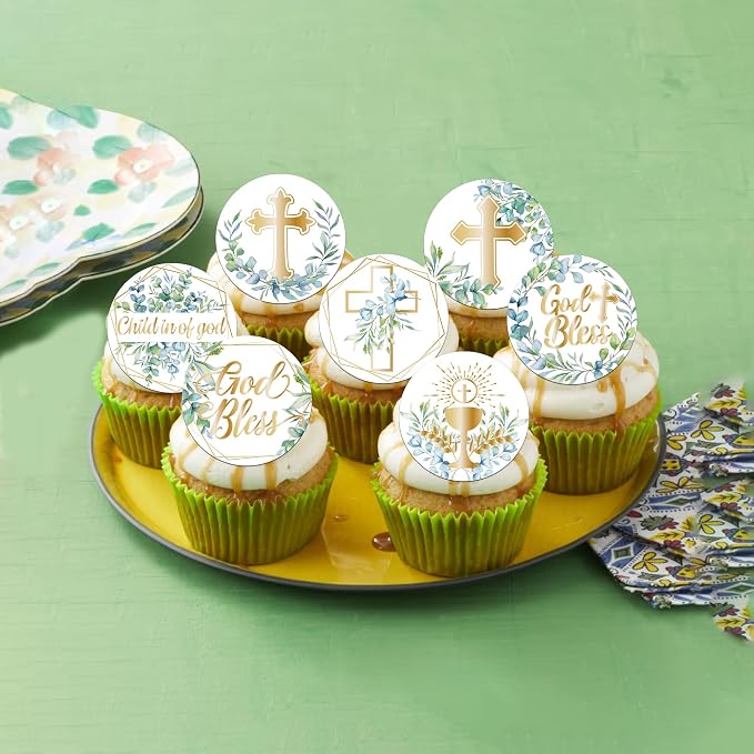 64 PCS Edible God Bless Cupcake Toppers Edible First Communion Cupcake Picks Greenery Leaves Cross Baptism Cake Decorations for God Bless Theme Baby Shower Birthday Party Cake Decorations Supplies