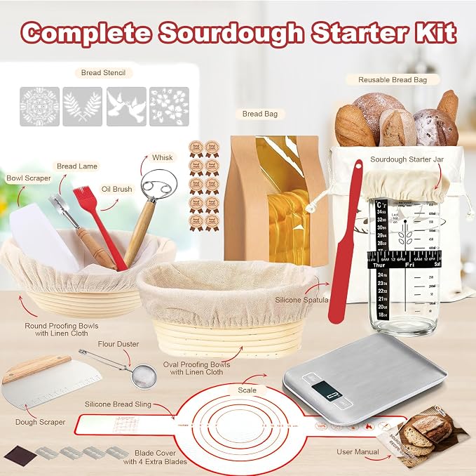 Sourdough Starter Kit with Scale, Glass Jar and Banneton Bread Proofing Basket - Complete Sourdough Bread Baking Supplies, Sour Dough Making Essentials Tools, Gift for Bakers Beiginner Women Wife Mom