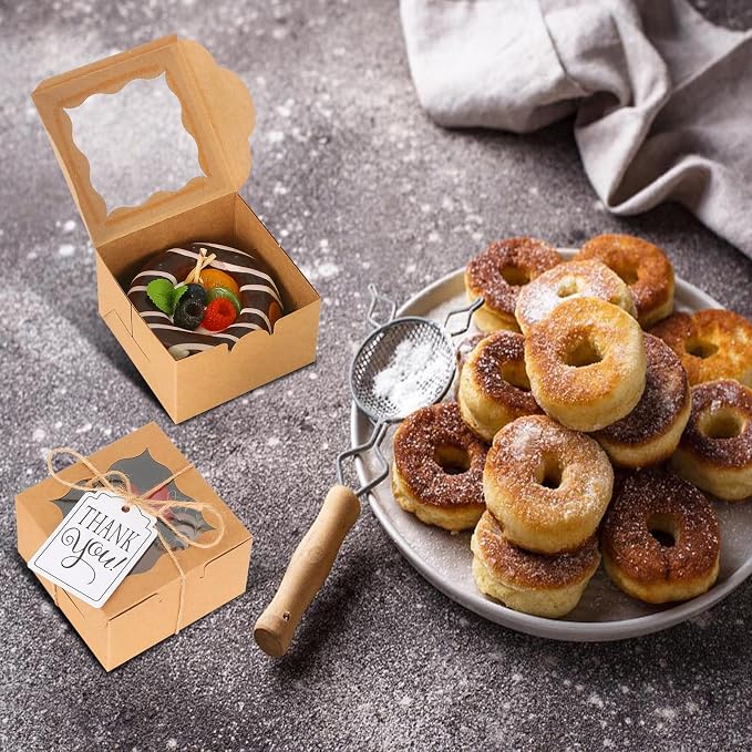 KPOSIYA 20 Pcs Brown Bakery Boxes with Window - Individual Cupcake & Cookie Boxes (4x4x2.5 Inches) - Kraft Paper Brown Gift Box for Pastries, Cookies, Pie, Donuts, Macaroon