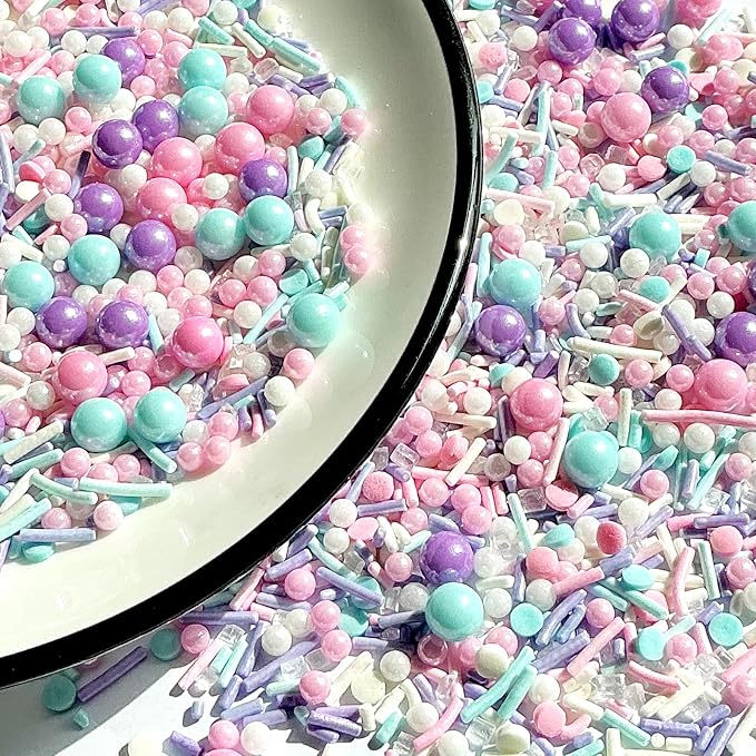 Edible Pink Purple Blue and White Pearl Confetti Jimmies Sprinkles 130g/4.5oz Pastel Sprinkles for Cake Decorating Baking Ice Cream Cupcakes Wedding Party Valentines Christmas Supplies