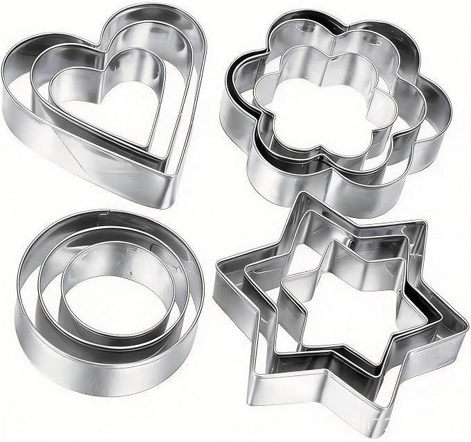 Stainless Steel Cookie Cutters Set 12 Pcs, Star, Flower, Heart, Round Shapes Cookie Cutters Variety Pack for Home Party Holiday Baking