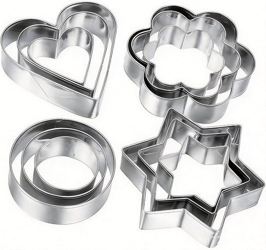 Stainless Steel Cookie Cutters Set 12 Pcs, Star, Flower, Heart, Round Shapes Cookie Cutters Variety Pack for Home Party Holiday Baking