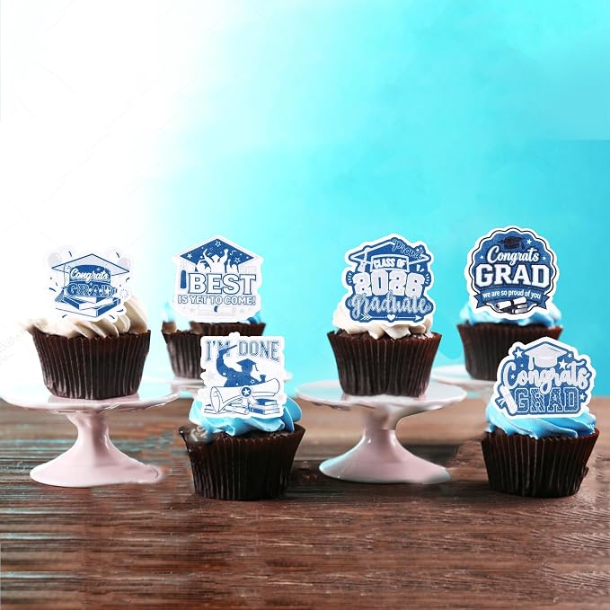 63 PCS Edible 2026 Graduation Cupcake Toppers Class of 2026 Cupake Picks Edible Done Diploma Congrats Grad Cupcake Decorations for 2026 Graduation Theme Party Cake Decorations Supplies Blue Silver