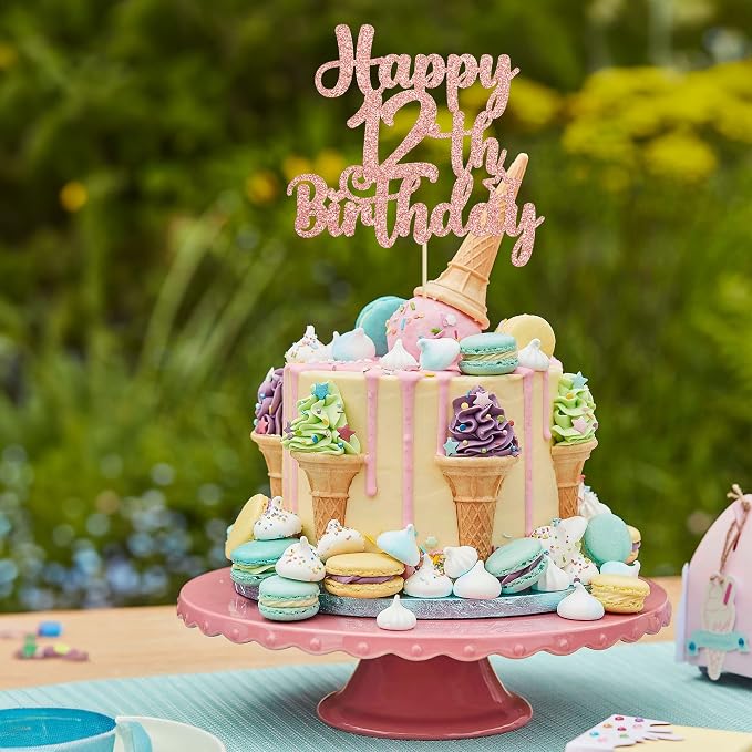 Gyufise 1Pc Happy 12th Birthday Cake Topper Glitter 12 & Fabulous Cheers to 12 Years Old Cake Pick for Celebrating 12th Birthday Anniversary Party Cake Decorations Supplies Rose Gold