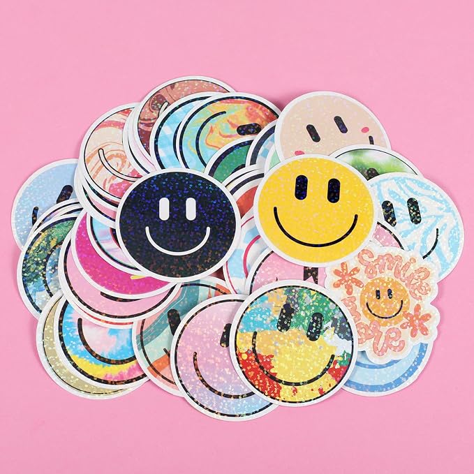 50PCS Smiling Glitter Stickers, Cute Water Bottle Stickers for Kids, for Teaching Rewards, Notebooks, Stationery, Luggage, Cartoon PVC Happy Sticker