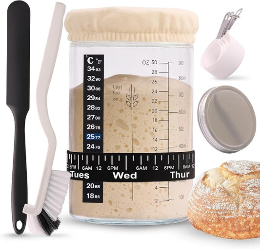 Sourdough Starter Jar Kit 34oz - Wide Mouth Glass Jar with Thermometer Strip, Feeding Day Tracker, Silicone Spatula, Cloth Cover, Measuring Cups & Metal Lid for Homemade Artisan Sourdough Bread Baking