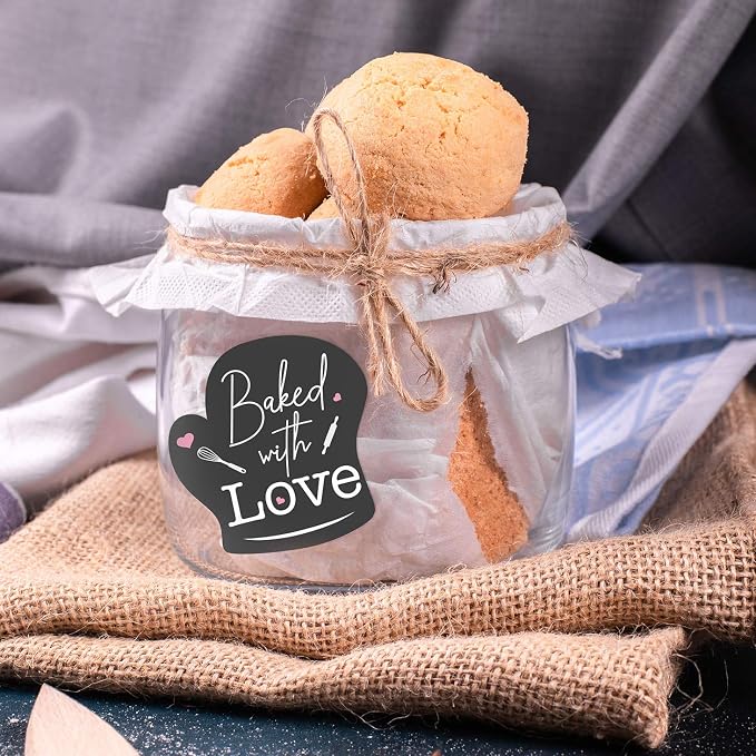 easykart labels 300 Baked with Love Stickers in Sheets, Dark Grey Color in Hand Gloves Die Cut Design | 2" x 2" Inch Size Highly Recommended for All Bakeries and Baked Products ..
