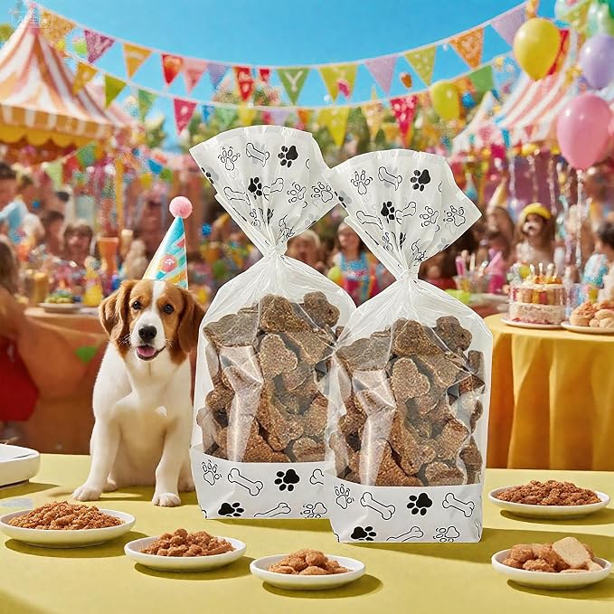 EKAPACKAGING 25 Pack 4.3x8.3 Inch Clear Paw Print Dog Treat Bags with Twist Ties Flat Bottom Cellophane Goodie Bags for Pet Party Favors Birthday Gifts Retail Packaging Homemade Treats