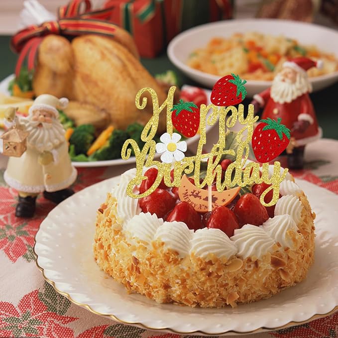 1 Pack Happy Birthday Cake Topper Glitter Strawberry Cake Pick for Fruit Theme Baby Shower Kids Birthday Party Strawberry Fruit Party Cake Decorations Supplies Gold