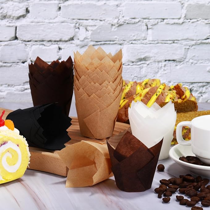 Ruisita 150 Pcs Mini Cupcake Liners Muffin Liners Baking Cups | Tulip Cupcake Liner for Baking Wedding, Birthday, Baby Shower Parties, Brown, Natural, White, Black