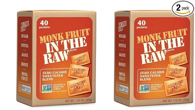 MONK FRUIT IN THE RAW, Natural Monk Fruit Sweetener w/Erythritol, Sugar-Free, Keto, Gluten Free, Zero Calorie, Low Carb, Vegan Sugar Substitute, 40 Count Packets (Pack of 2)