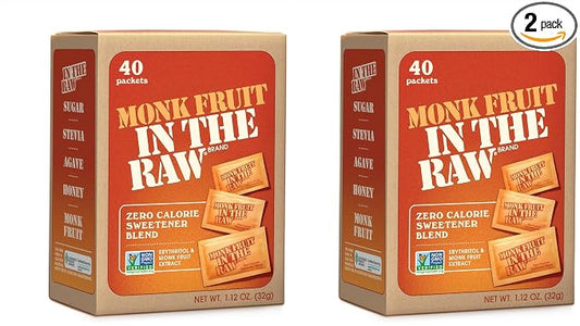 MONK FRUIT IN THE RAW, Natural Monk Fruit Sweetener w/Erythritol, Sugar-Free, Keto, Gluten Free, Zero Calorie, Low Carb, Vegan Sugar Substitute, 40 Count Packets (Pack of 2)