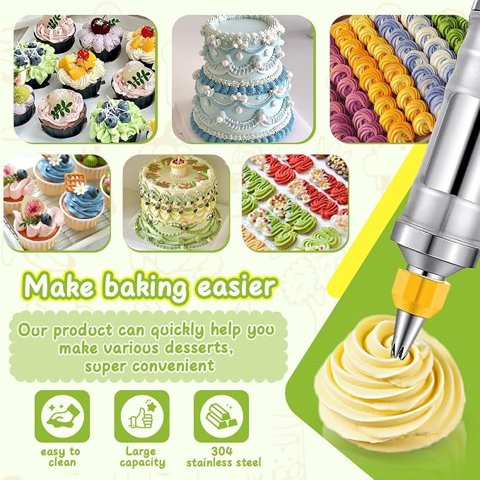NOVANO Dessert Decorating Syringe Set, Yellow | Frosting Piping Kit, Stainless Steel, 54 Piping Tips, 9 Silicone Cupcakes