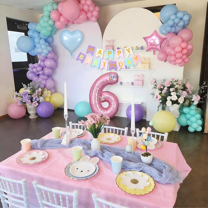 Pastel 6th Birthday Decorations for Girl,Macaron Rainbow 6th Party Decoration Pink Blue Purple Green Yellow Colorful Balloons Banner Star Heart Number 6 Foil Balloon Cake Topper Butterfly Stickers