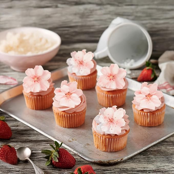 Gyufise 54Pcs Edible Cherry Blossoms Cake Decorations Edible Cherry Blossoms Cupcake Toppers Wafer Paper Flowers Cake Toppers for Baby Shower Kids Birthday Party Cake Food Decorations Supplies Pink