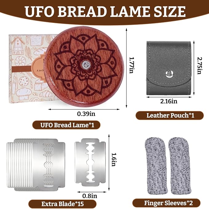 UFO Bread Lame Set for Sourdough,Wooden Bread Scoring Tool for Homemade Sourdough Gifts for Bread Bakers with 15 Blades and Leather Storage Cover,Lame Cutter Scoring Knife for Baking(Lotus)