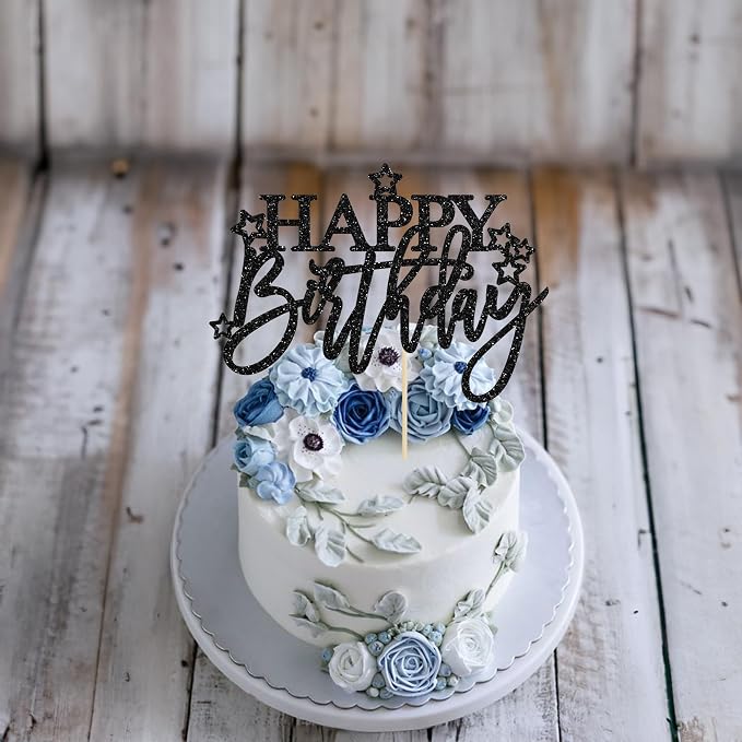 Gyufise 1Pcs Happy Birthday Cake Topper Glitter Happy Birthday Cake Pick for Celebrating Happy Birthday Anniversary Theme Party Cake Decorations Supplies Light Black
