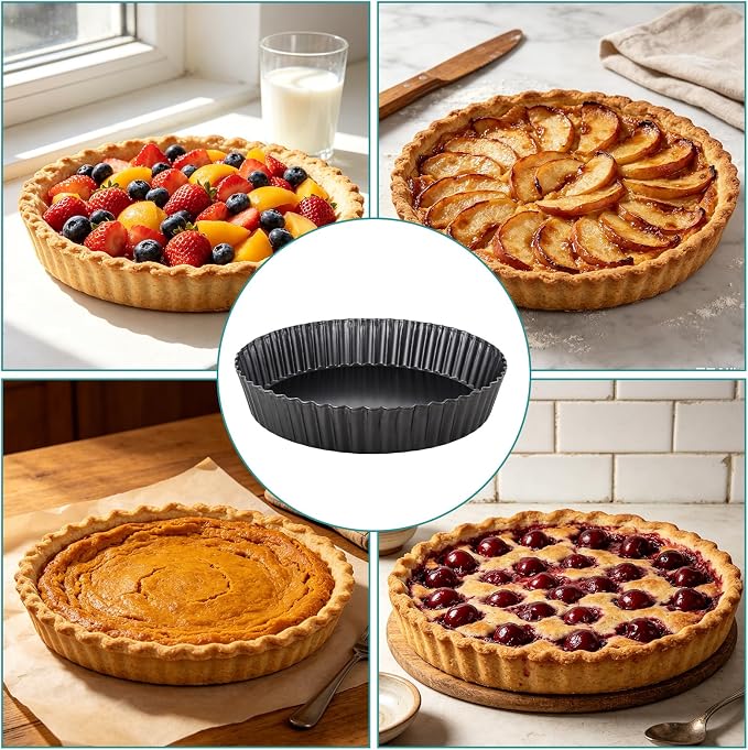 Acrux7 12 Inch Tart Pan with Removable Bottom, Nonstick Pie Pan Set of 4 | 2 Inch Deep Loose Bottom Carbon Steel Fluted Quiche Baking Dish for Fruit Tart, Flan, Pizza, Cheesecake, Dark Gray