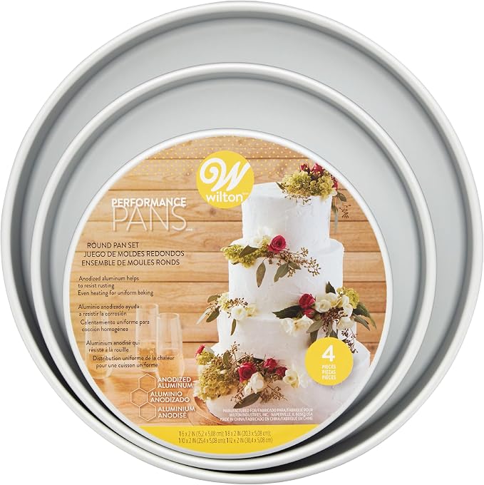 Wilton Aluminum Bakeware Round Tiered Cake Pan Set - Made from Natural Anodized Aluminum - Durable Cake Pans with Even Heat Distribution - Reduces Over-Baking - 6, 8, 10 & 12 Inch (Pack of 4)