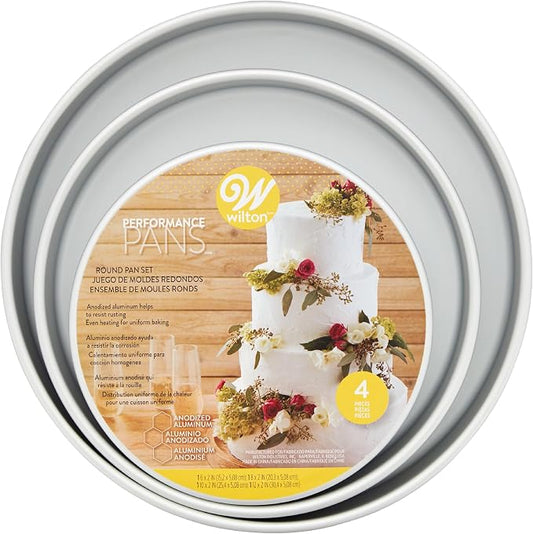 Wilton Aluminum Bakeware Round Tiered Cake Pan Set - Made from Natural Anodized Aluminum - Durable Cake Pans with Even Heat Distribution - Reduces Over-Baking - 6, 8, 10 & 12 Inch (Pack of 4)