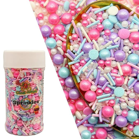 CandiJumpin Pink Blue and Purple Pearl Sprinkles, Edible Pearls and Jimmies Mix Blue and Purple Sprinkles Crunchy Jimmies Edible Pearls for Cake Decorating Pearl Decoration for Baking Baby Shower Party Birthday Wedding Christmas Supplies 3 OZ