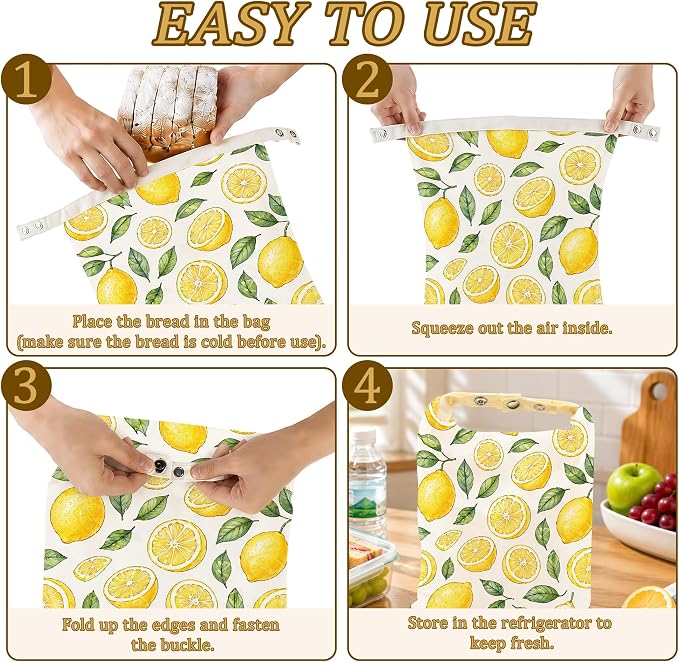2 Pack Beeswax Linen Lemon Slices Bread Bags, Green Leaves Reusable Fresh Keeping Bags for Sourdough & Baguette, Freezable Portable Bread Storage Container 17×13''
