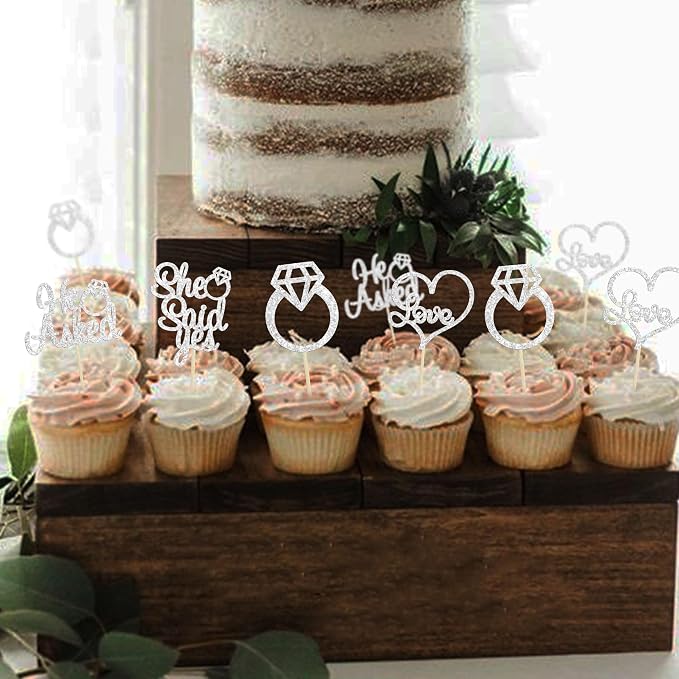 Gyufise 24 Pack Silver Glitter He Asked She Said Yes Cupcake Toppers Diamond Ring Heart Cake Picks for Wedding Engagement Party Cake Decorations