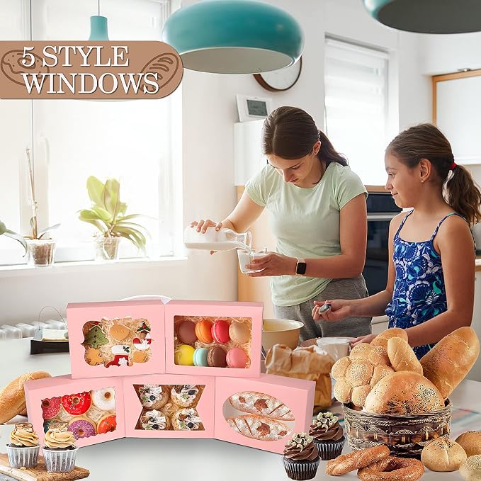 KPOSIYA 65 PCS 8x6x2.5 Inch Cookie Boxes with Window Pink Bakery Boxes Pastry Boxes for Gift Giving, Treat, Dessert, Cupcakes, Chocolate, Strawberries, Donuts, Muffins (5 Style Windows)