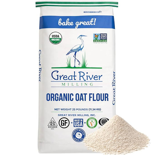 Great River Milling Organic Oat Flour | Gluten Free Whole Grain Flour | Non-GMO, Kosher, Vegan Certified | Naturally Sweet Flavor for Pancakes, Muffins, Cookies & Baking Blends | 25 Lb