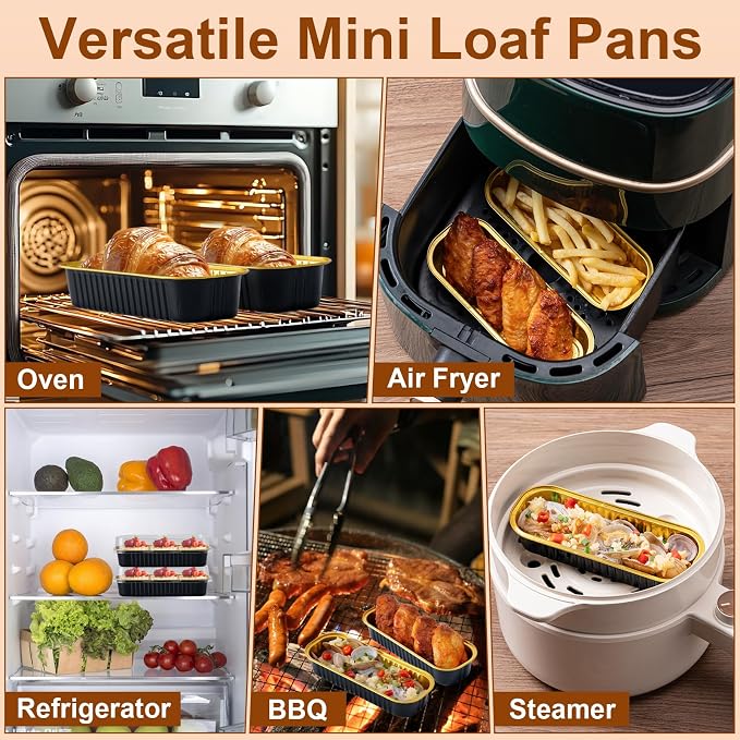 Husfunov 25 Pack Mini Cake Pans with Lids and Spoons, Small Aluminum Foil Loaf Pans, Rectangular Baking Containers for Party and Picnics, 6.8oz (Black/Gold)