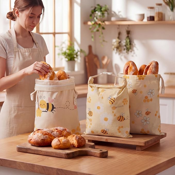 Tallew 3 Pack Beeswax Bread Bags for Sourdough & Homemade Bread 17 x 13'' XL Reusable Organic Linen Beeswax Wraps with Sealing Zip for Fresh Food Storage Loaf Freezer Baker (Bee Style)
