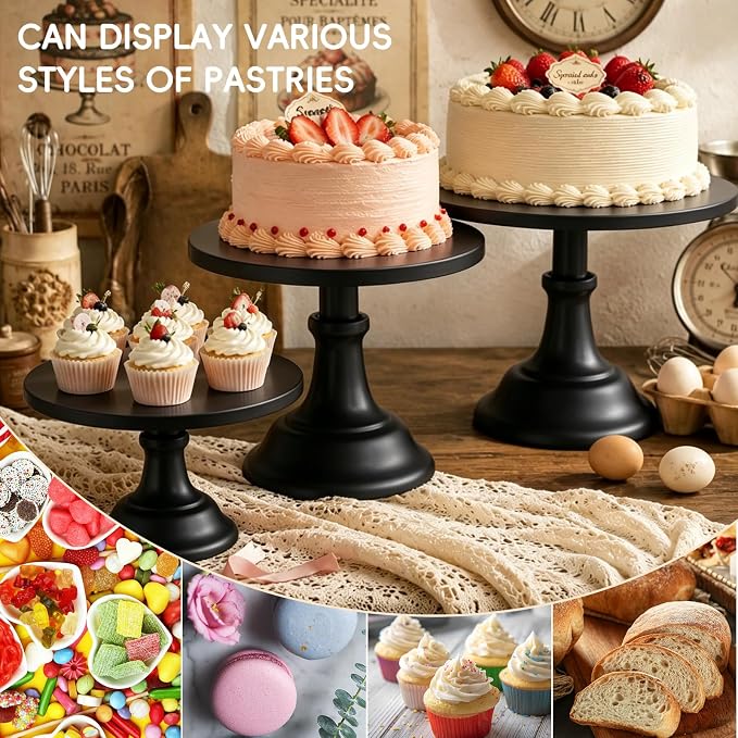 Three-piece Cake Stand Set, Metal Round Trays, 8-inch, 10-inch, and 12-inch, for Dessert Table displays; Perfect for Christmas, Thanksgiving, Birthdays, Weddings, and Other Celebrations(Black)
