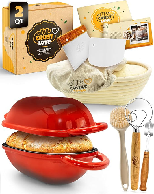 CRUSTLOVE Loaf Pan for Bread Baking - incl. Sourdough Bread-Baking Supplies like Banneton Bread-Proofing Basket - 2QT Enameled Oval Cast Iron Dutch Oven, Bread-Oven, Sour Dough Bread-Banking-Pan Tools