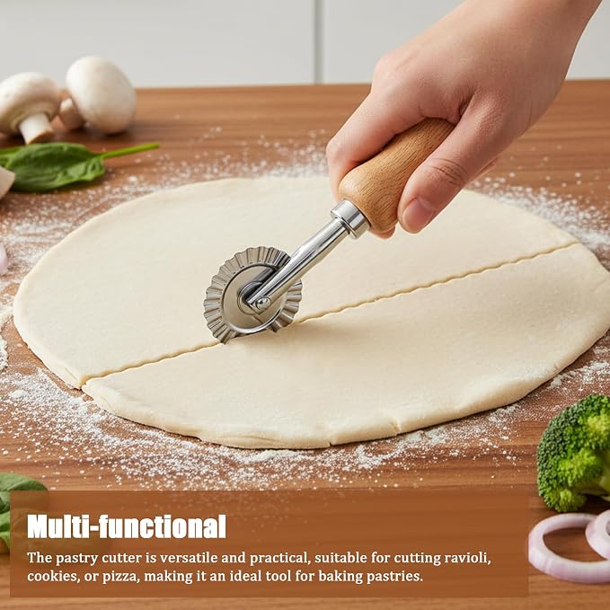 Short Handle Small Cutter Wheel - Exquisite Wooden Handle, Perfect for Pasta, Pizza, Ravioli, Cookie - Versatile Crinkle and Pastry Cutter for Effortless Slicing