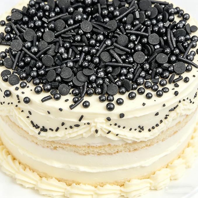Sentovac Black Sprinkles Edible Black Round Confetti Jimmies Pearls for Cake Decorating Candy Cupcake Cookie Baking Donuts Ice Cream Dessert Halloween Christmas Decorations