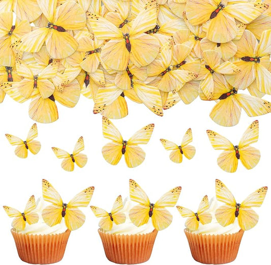 Gyufise 72Pcs Edible Cupcake Toppers - Wafer Paper Butterfly Cupcake Picks for Baby Shower & Kids Birthday Party Cake Supplies - Yellow