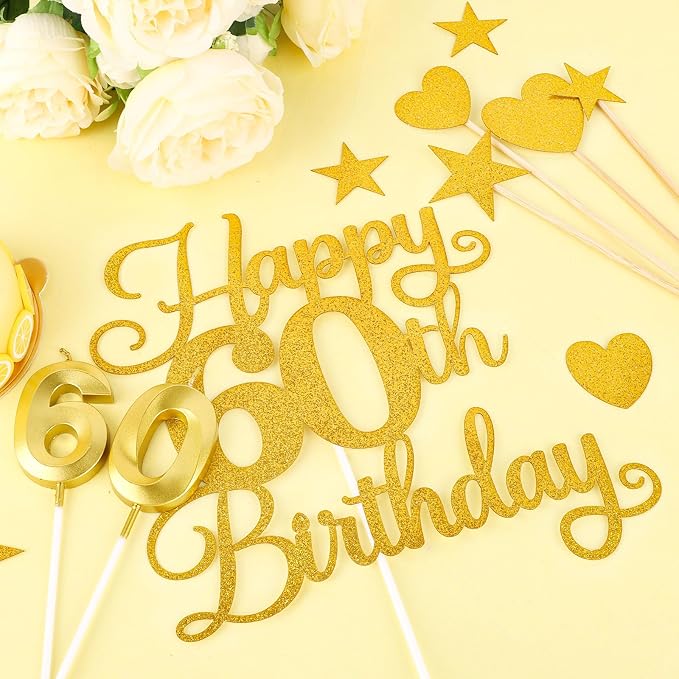 Happy 60th Birthday Cake Topper for 60th Birthday Decorations Numeral 60 Candle with Glitter Heart Cupcake Picks Set for Men Women Hello 60 Birthday Anniversary Party Cake Decor Supplies（GOLD）