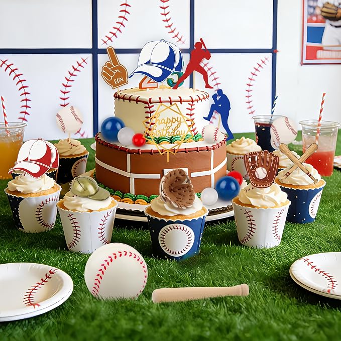 Hooqict 26Pcs Baseball Cake Decorations Set with Mini Balls, Player, Caps, Gloves, Bats, Baseball Birthday Cake Toppers & Cupcake Toppers for Boys Men Sports Themed Birthday Party Decorations Supplies