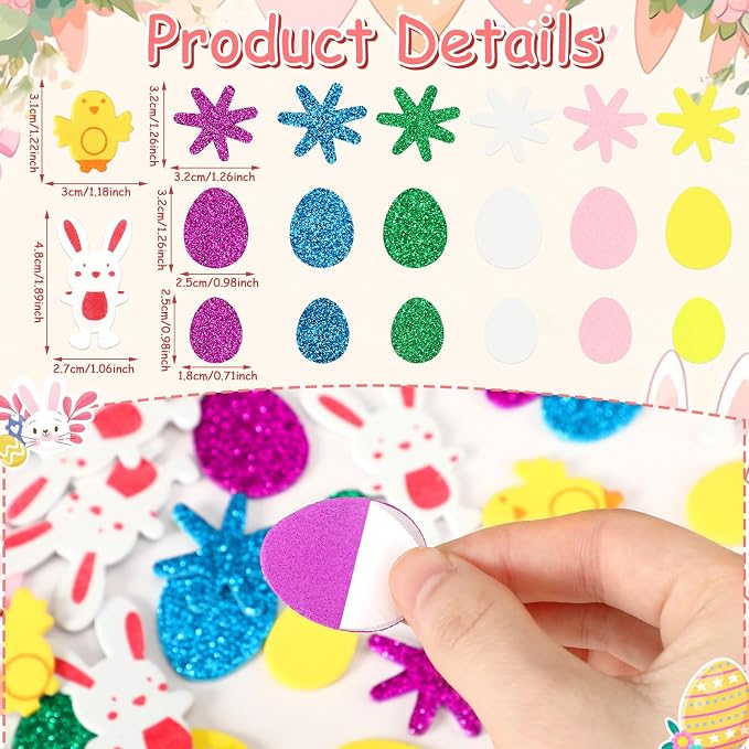 600Pcs Easter Foam Stickers Glitter Bunny Eggs Chick Stickers | Self-Adhesive Easter Egg Flower Decal for Kids, Handmade Card DIY Arts Crafts, Spring Party Favors Decorations